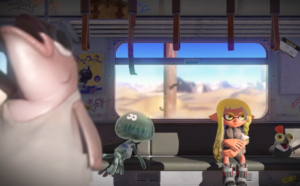 splatoon 3, inkling girl on train with other creatures